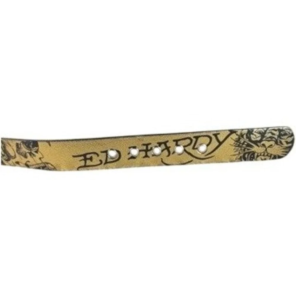 Ed Hardy Belt 32 Gold Metallic Tattoo Graphic Tiger Skull Rhinestone Buckle Y2K